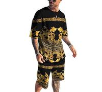 Men's Short Sets Outfits 2 Piece Summer Tracksuit Viking Totem Printed Short Sleeve T-Shirt and Short Sets with Pockets