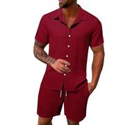 Mens Short Sleeve and Shorts Set Button Down Shirts & Shorts with Pockets Summer 2 Piece Outfits Tracksuit Set,Co Ord Sets Holiday Beach Wedding Suits Brick Red M