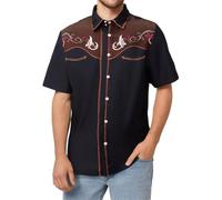 Men's Short Sleeve Aztec Embroidery Western Cowboy Shirt Casual Loose Button Down Rockabilly Embroidered Shirts Summer 70s Hippie Top Big and Tall