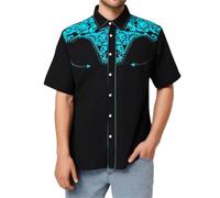 Men's Short Sleeve Aztec Embroidery Western Cowboy Shirt Casual Loose Button Down Rockabilly Embroidered Shirts Summer 70s Hippie Top Big and Tall