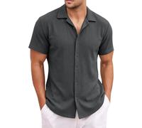 Men's Short Sleeve Button Down Shirt Casual Waffle Knit Cuban Collar Summer Beach Shirt Relaxed Fit Fashion Tops Dark Gray L