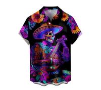 Men's Short Sleeve Button Down Shirt, Day of The Dead Skeleton Print Mexican Shirt, Dia De Los Muertos Casual Fashion Shirt for Holiday Celebration,3XL