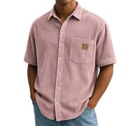 Men's Short Sleeve Button Down Shirts Casual Vintage Corduroy Going Out Camp Tops Wrinkle Free Business Casual Shirt Classic Summer Flannel Jacket Workwear Pink