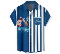 Men's Short Sleeve Button Down Vintage Bowling Shirts Hawaiian Casual Printed Beach Shirt Summer Regular Fit Top, Christmas-santa Elk-blue, XXXL