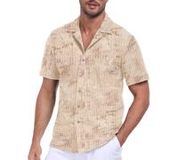 Men's Short Sleeve Button Shirts Sheer Lace Knit Textured Hawaiian Shirt for Men Cuban Collar Casual Summer Beach Tops, Beige Tie-dye, Medium