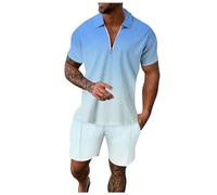 Mens Short Sleeve Casual Polo Shirt and Shorts Sets 2-Piece Set Tracksuit Clothing Fashion Casual Loungewear Sets Sport Set Lapel Activewear Sweatsuits (Men's T-Shirt & Shorts Set Light Blue,M)