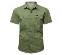 Men's Short Sleeve Cotton Casual Shirts for Men, Lapels Solid Colour Shirt with 2 Chest Pockets, Summer Shirt, Button Placket, Short Sleeve Shirt with Buttons, Cargo Shirts, Short Sleeve Shirt, Army