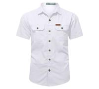 Men's Short Sleeve Cotton Casual Shirts for Men, Lapels Solid Colour Shirt with 2 Chest Pockets, Summer Shirt, Button Placket, Short Sleeve Shirt with Buttons, Cargo Shirts, Short Sleeve Shirt, White,