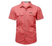 Men's Short Sleeve Cotton Casual Shirts for Men, Lapels Solid Colour Shirt with 2 Chest Pockets, Summer Shirt, Button Placket, Short Sleeve Shirt with Buttons, Cargo Shirts, Short Sleeve Shirt, red,