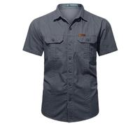 Men's Short Sleeve Cotton Casual Shirts for Men, Lapels Solid Colour Shirt with 2 Chest Pockets, Summer Shirt, Button Placket, Short Sleeve Shirt with Buttons, Cargo Shirts, Short Sleeve Shirt, gray,