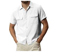 Men's Short Sleeve Cotton Linen Shirt Regular Fit Solid Color Button Down Work Dress Shirts with Chest Pockets(White,Medium)