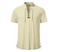 Men's Short Sleeve Cotton Linen Shirts Henley Shirt Plain Banded Collar Lace Up Regular Fit T-Shirt Comfortable Linen Vintage Blouse Summer Hawaiian Casual Short Sleeves UK Beige