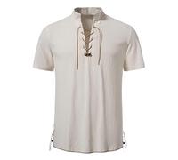 Men's Short Sleeve Cotton Linen Shirts Henley Shirt Plain Banded Collar Lace Up Regular Fit T-Shirt Comfortable Linen Vintage Blouse Summer Hawaiian Casual Short Sleeves UK White