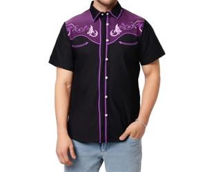 Mens Short Sleeve Cowboy Shirts Western Embroidered Casual Button Down Work Shirt Big and Tall Cowboys Costume Tops Purple