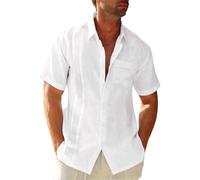 Men's Short Sleeve Cuban Camp Guayabera Shirt Linen Cotton Hippie Beach Button Down Shirts (white, M)