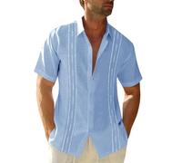 Mens Short Sleeve Guayabera Shirts Adult Linen Cotton Button Down Mexican Embroidered Cuban Wedding Shirt Summer Tops, Sky Blue, Medium
