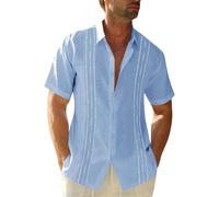 Men's Short Sleeve Guayabera Shirts Linen Cotton Button Down Mexican Embroidered Cuban Wedding Shirt Summer Beach Tops (skyblue, 3XL)