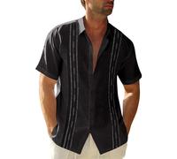 Men's Short Sleeve Guayabera Shirts Linen Cotton Button Down Mexican Embroidered Cuban Wedding Shirt Summer Beach Tops (Black, XXL)