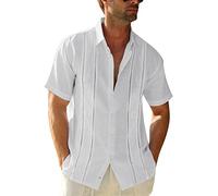 Mens Short Sleeve Guayabera Shirts Linen Cotton Button Down Mexican Embroidered Cuban Wedding Shirt Summer Tops, 04 White, Large