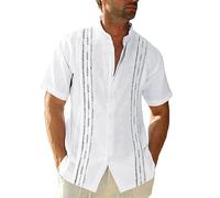 Mens Short Sleeve Guayabera Shirts Linen Cotton Button Down Mexican Embroidered Cuban Wedding Shirt Summer Tops, 05 White, Large