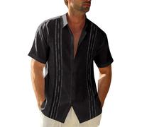 Men's Short Sleeve Guayabera Shirts Linen Cotton Button Down Mexican Embroidered Cuban Wedding Shirt Summer Beach Tops (Black, 3XL)