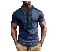 Men's Short Sleeve Henley Shirt Fashionable Casual Shirt Vintage Casual T-Shirts Regular Fit Lacing Shirts Men Breathable Streetwear Medieval Renaissance Pirate Costume, blue, XL