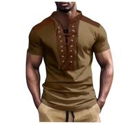 Men's Short Sleeve Henley Shirt Fashionable Casual Shirt Vintage Casual T-Shirts Regular Fit Lacing Shirts Men Breathable Streetwear Medieval Renaissance Pirate Costume, brown, 3XL