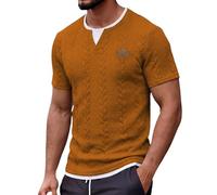 Mens Short Sleeve Henley T Shirt, Mens Layered Look T Shirt, V Notch Placket Shirts, Vertical Cable Embossed Textured Fabric Regular Fit Casual Top, Layered Fake White Hem Tee for Weekend Getaway