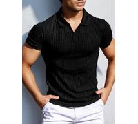 Men's Short Sleeve Knitted Polo Shirt Vertical Stripe Shirt Light Casual Golf Shirt V Neck Sports T-Shirt