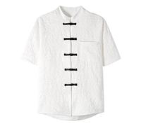 Men's Short Sleeve Kung Fu Shirt - Chinese Traditional Tai Chi Design, Mandarin Collar, Frog-Button Closure, Lightweight for Warm Weather White
