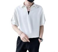 Men's Short Sleeve Lapel Shirt Thin Casual Solid Color Five-Point Sleeve Regular Fit Personalized Top White Black Khaki(L White)