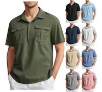 Mens Short Sleeve Linen Shirts Warehouse Clearance, Polos Shirts for Men Adult Casual Plain Cotton Tshirts Summer Turndown Collar Tops Regular Fit Work Shirt with Pockets Golf Basic Tee S-5XL