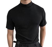 Men's Short Sleeve Mock Turtleneck T-Shirt - Ultra Soft Cotton Slim Fit Ribbed Sweater, Casual Undershirt for Layering & Stand-Alone Wear(Black, M)