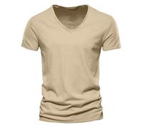 Men's Short Sleeve Muscle T Shirt Plain Tops Mens Fashion Casual Solid Color Cotton V Neck Short Sleeve T Shirt Top for Indoor Outdoor Walking Sports Daily Life (Khaki, XXL)