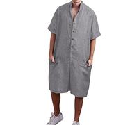 Mens Short Sleeve Onesie Pyjama Henley Jumpsuit Baggy Cotton Ramper with Buttons Nightwear Trousers Lightweight Comfortable Loungewear Casual Trousers Hippie Costume M-3Xl Grey