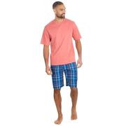 Mens Short Sleeve Pyjama Set Jersey Loungewear Bright T-Shirt and Woven Check Shorts Set Adults Nightwear (Coral-Blue, 2XL)