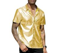 Men's Short Sleeve Shirt, Shiny Metallic Button Down Disco Rock Party Shirts, Sparkly Lapel Collar Smooth Wrinkle Free Tuxedo T-Shirt, Solid Slim Fit Casual Muscle Tops for Dance Rave Party Nightclub