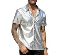 Men's Short Sleeve Shirt, Shiny Metallic Button Down Disco Rock Party Shirts, Sparkly Lapel Collar Smooth Wrinkle Free Tuxedo T-Shirt, Solid Slim Fit Casual Muscle Tops for Dance Rave Party Nightclub