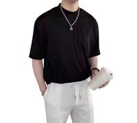 Men's Short Sleeve T-Shirt Ice Silk Pleated Round Neck Slim Fit Casual Solid Color Top for Spring Summer Fall(L Black)