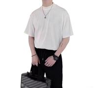 Men's Short Sleeve T-Shirt Ice Silk Pleated Round Neck Slim Fit Casual Solid Color Top for Spring Summer Fall(L White)