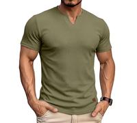 Mens Short Sleeve T Shirt Summer Slim Fit V Neck Smart Casual Plain T-Shirts Stretch Knit Vertical Striped Tee Tops-Army Green-M
