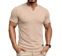 Mens Short Sleeve T Shirt Summer Slim Fit V Neck Smart Casual Plain T-Shirts Stretch Knit Vertical Striped Tee Tops-Light Khaki-M