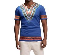 Men's Short Sleeve V-Neck Dashiki African Shirt Men's Traditional African Shirts with Tribal Floral Pattern Slim Fit Retro Ethnic Style Print Tops, Z Blue, L