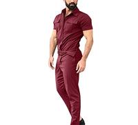 Men's Short Sleeve Workwear Jumpsuit | Summer Work Overalls | Men Front Zipper Loungewear Sets | Slim Fit Adjustable Waistband Jumpsuits for Men | Soft Comfort Joggers One-Piece Exercise Playsuit Red