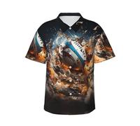 Men's Short-Sleeved Hawaiian Shirt Rugby on Fire Printed Casual Button-Down Shirt Perfect for Beach Parties, Black, Large