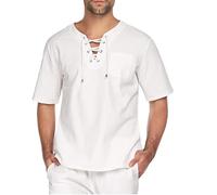 Men's Short-Sleeved Middle-Aged Shirt Viking Costume Traditional Retro Style Lace-up Shirt Renaissance Victorian Steampunk Pirate Shirt Men's V-Neck Laced Short Sleeve Shirt, Z2 White, XXXL
