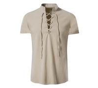 Men's Short-Sleeved Middle-Aged Shirt Viking Costume Traditional Retro Style Lace-up Shirt Renaissance Victorian Steampunk Pirate Shirt Men's V-Neck Laced Short Sleeve Shirt, Z1 Khaki, XL