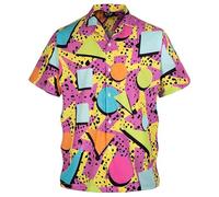 Men's Short-Sleeved Shirt in Colourful 80s Pattern - Retro Party Shirt with Geometric Shapes | Casual Shirt for Theme Parties and Festivals, Style_z01 Hot Pink, XXL
