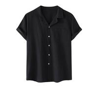 Men's Short-Sleeved Summer Cotton Linen Shirt Button Down Regular Fit Tops Linen-Cotton Shrink Free Blouse Casual Summer Beach Travel Hawaiian Shirts for Men Slim-Fit Henley T-Shirt Black