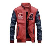 Mens Short Winter PU Leather Jacket Casual Stand Collar Leather Baseball Clothing Mixed Color Outerwear Red M